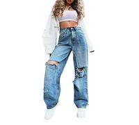 FeMereina Women Ripped Boyfriends Jeans High Waist Baggy Denim Pants Wide Leg Straight Trousers Y2k Streetwear for Teen Girls (z2, L)