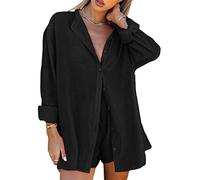 FeMereina Women 's 2 Piece Casual Tracksuit Outfit Sets Stripe Long Sleeve Cotton Linen Shirt Loose High Waisted Mini Shorts Set