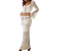 FeMereina Women 's 2 Piece Summer Crochet Outfits Long Sleeve Cross Tie-up Front Knit Crop Tops + High Waist Maxi Skirt Set Y2K Loungewear