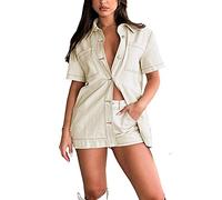 FeMereina Women 's Casual 2 Piece Denim Outfits Short Sleeve Contrast Stitch Button Down Denim Shirt and High Waist Shorts Set Streetwear (Beige, M)
