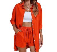 FeMereina Women 's Casual 2 Piece Outfits Cotton Linen Short Sleeve Button Down Oversized Shirt + Shorts Set Loungewear with Pockets (Orange Red, M)