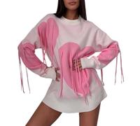 FeMereina Women’s Heart Print Tassel Oversized Sweater Casual Crew Neck Fringe Knitted Pullover Love Pattern Rib Knit Sweater (Pink, M)