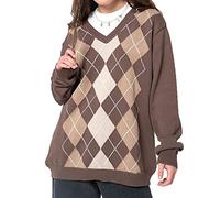 FeMereina Women´s Oversized Knit Sweater Argyle Preppy Sweater Tops Y2K Pullover Jumper for Teen Girls Streetwear (B, XL)