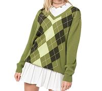 FeMereina Women´s Oversized Knit Sweater Argyle Preppy Sweater Tops Y2K Pullover Jumper for Teen Girls Streetwear (D, M)