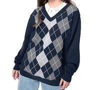 FeMereina Women´s Oversized Knit Sweater Argyle Preppy Sweater Tops Y2K Pullover Jumper for Teen Girls Streetwear (C, L)