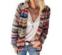 FeMereina Women´s Rainbow Striped Long Sleeve Open Front Knit Cardigan Casual Pullover Sweater Y2K Streetwear (Red, Large)