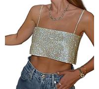 FeMereina Women´s Sequined Camisole Shining Glitter Crop Top Shimmer Sparkle Sleeveless Rhinestones Y2K Club Crop Tank (Sliver, S)