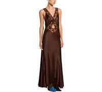 FeMereina Women 's V Neck Satin Long Dress Sleeveless Lace Patchwork See Through Midi Dress Backless CutoutWedding Guest Formal Maxi Dress (Brown, S)