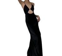 FeMereina Women Satin Cut Out Maxi Dress Spaghetti Strap Hollow Out Long Bodycon Open Back Dress Club Party Y2k Evening Dress (Black, M)
