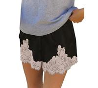 FeMereina Women Satin Silk Shorts Lace Trim Patchwork Mini Micro Shorts Silky Low Rise Coquette Lounge Slip Bottoms (Black, XL)