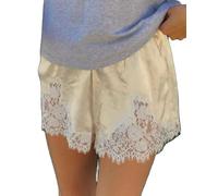 FeMereina Women Satin Silk Shorts Lace Trim Patchwork Mini Micro Shorts Silky Low Rise Coquette Lounge Slip Bottoms (Champagne, L)