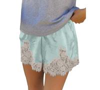 FeMereina Women Satin Silk Shorts Lace Trim Patchwork Mini Micro Shorts Silky Low Rise Coquette Lounge Slip Bottoms (Sky Blue, L)