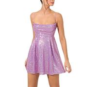 FeMereina Women Sequin Bodycon Mini Dress Spaghetti Strap V Neck Backless Short Dress Sexy Glitter Lace Back Party Club Dress (Purple#7, S)