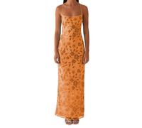 FeMereina Women Sequin Sparkly Maxi Dress Y2k Flower Embroidery Beaded Sleeveless Spaghetti Strap Cross Backless Dresses (Orange, XL)