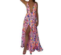 FeMereina Women Sequins Prom Long Dress Sparkly Deep V-Neck Backless High Slit Maxi Dress Glitter Sleeveless Spaghetti Tie Strap Party Cami Dress (Pink, S)