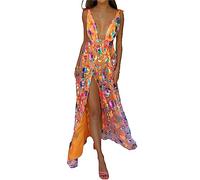 FeMereina Women Sequins Prom Long Dress Sparkly Deep V-Neck Backless High Slit Maxi Dress Glitter Sleeveless Spaghetti Tie Strap Party Cami Dress (Orange, S)