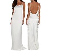 FeMereina Women Sexy Backless Maxi Dress Elegant Satin Sleeveless Spaghetti Strap Lace Up Bodycon Evening Dress Long Club Party Beach Dress (White, XL)