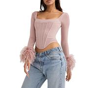 FeMereina Women Sexy Feather Long Sleeve Bustier Corset Top Square Neck Push Up Crop Top Low CutMesh Patchwork Cami Slim Top (Pink, S)