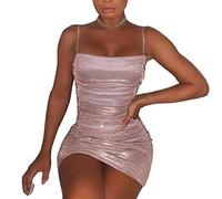 FeMereina Women Sexy Glitter Sequin Halter Cami Dress Deep V Neck Bodycon Sleeveless Open Back Club Party Mini Dress (Z6, M)