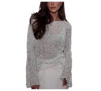 FeMereina Women Sexy Sequin Crochet Sheer Mesh See Through Pullover Tops Shiny Long Sleeve Hollow Out Fishnet Knit Shirt (White, XL)