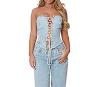 FeMereina Women Sexy Sleeveless Denim Corset Top Backless Off Shoulder Crop Tube Top Bustier Tie Up Jeans Camisole Vest Y2K Streetwear (Light Blue, S)
