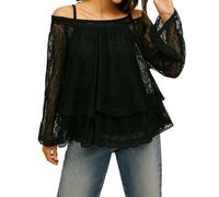 FeMereina Women Sheer Lace Off The Shoulder Tops Lantern Long Sleeve Tiered Lacy Tops Loose See-Through Blouses (Black, L)