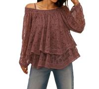 FeMereina Women Sheer Lace Off The Shoulder Tops Lantern Long Sleeve Tiered Lacy Tops Loose See-Through Blouses (Light Brown, L)