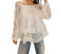 FeMereina Women Sheer Lace Off The Shoulder Tops Lantern Long Sleeve Tiered Lacy Tops Loose See-Through Blouses (White, S)