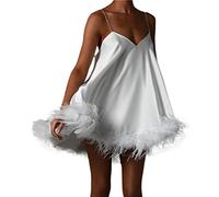 FeMereina Women Sleeveless Feather Hem Long Dress, Backless Irregular Feather Patchwork Slim Fit Low Cut Bodycon Dress for Party Cocktail (White Swing, S)