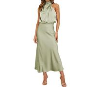 FeMereina Women Sleeveless Mock Neck Cocktail Dresses Keyhole Elastic Waist Party Wedding Guest Satin High Split Maxi Dress (Light Green, L)