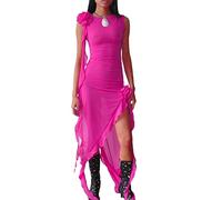 FeMereina Women Sleeveless Self Tie Dress Halterneck Backless Mini Dress Asymmetrical Hem Ruffles Sundress Summer Streetwear (Z-Rosy Red, M)