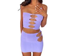 FeMereina Women Solid Two Piece Outfit Halter Oblique Shoulder Bandana Crop Top with Drawstring Irregular Mini Skirt Set Party Streetwear