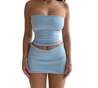 FeMereina Women Solid Two Piece Outfit Halter Oblique Shoulder Bandana Crop Top with Drawstring Irregular Mini Skirt Set Party Streetwear