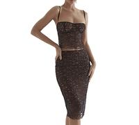 FeMereina Women Solid Two Piece Outfit Halter Oblique Shoulder Bandana Crop Top with Drawstring Irregular Mini Skirt Set Party Streetwear