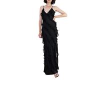 FeMereina Women Spaghetti Strap Ruffles Embellished Long Dress Y2k Off Shoulder Irregular Ruffle Dress Sexy Open Back Dresses Sheer Tulle Dress (Black, XL)