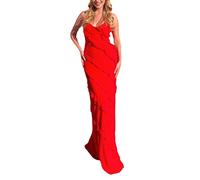 FeMereina Women Spaghetti Strap Ruffles Embellished Long Dress Y2k Off Shoulder Irregular Ruffle Dress Sexy Open Back Dresses Sheer Tulle Dress (Red, L)