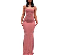 FeMereina Women Spaghetti Strap Sleeveless Bodycon Long Dress Solid Color Low Cut Cami Maxi Dress Club Elegant Beach Evening Night Dress (Pink#2, S)