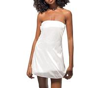 FeMereina Women Strapless Satin Mini Dress Off Shoulder Open Back Tie Up Tube Dress Low-Cut Ruched Backless Casual Dress Party Club Mini Dress (White, L)