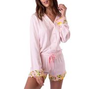 FeMereina Women Summer Pjs Set Stripe/Fruit Print Button Long Sleeves Shirt and Drawstring Shorts for 2 Piece Loungewear