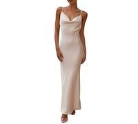 FeMereina Women Summer Sexy Cowl Neck Spaghetti Strap Sleeveless Long Satin Dress Slit Club Slip Maxi Dress Wedding Guest Cocktail Midi Dresses (White#1, L)