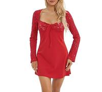 FeMereina Women Vintage Lace Patchwork A-line Dress Long Sleeve Ruched Square Neck Short Dress Low Cut Smocked Bodycon Mini Dress (Red, XL)