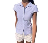 FeMereina Women Y2k Coquette Button Down Shirt Cute Preppy Cap Sleeve V Neck Slim Fit Crop Top Casual 90S Vintage Blouse (Blue#3, S)