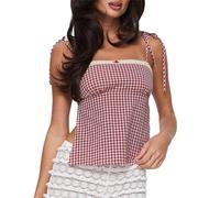 FeMereina Women Y2k Gingham Tank Top Aesthetic Sleeveless Plaid Print Lace Trim Cami Crop Top Summer Tie Up Going Out Top (Red, S)