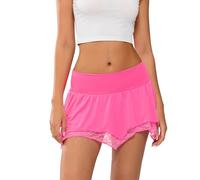 FeMereina Women Y2k Lace Mini Skirt Low Rise Ruffle Asymmetrical Micro Skirt Sexy Lace Trim Irregular Hem Short Lingerie Skirts (Rose Red, L)