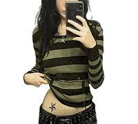 FeMereina Women Y2K Long Sleeve Top Tee Sexy Patchwork Square CollarRibbed Slim T-Shirt Fairy Grunge 90's Aesthetic Clothes (A3, M)