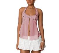 FeMereina Women Y2K Sequin Cami Top Pearl Rhinestone Sleeveless Halter Patchwork Tank Top Sparkle Glitter Backless Crop Top Going Out