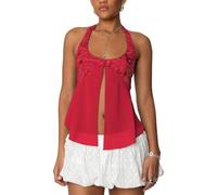 FeMereina Women Y2K Sequin Cami Top Pearl Rhinestone Sleeveless Halter Patchwork Tank Top Sparkle Glitter Backless Crop Top Going Out (Red, L)