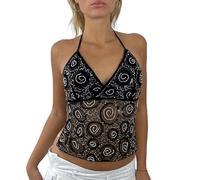 FeMereina Women Y2k Sequin Halter Top Sheer Mesh Embroidered Beaded Cami Top Sleeveless Backless Sparkly Crop Tops (Black, S)