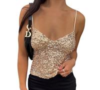 FeMereina Women Y2k Sequin Halter Top Sheer Mesh Embroidered Beaded Cami Top Sleeveless Backless Sparkly Crop Tops (Gold, S)