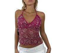FeMereina Women Y2k Sequin Halter Top Sheer Mesh Embroidered Beaded Cami Top Sleeveless Backless Sparkly Crop Tops (Purple, S)